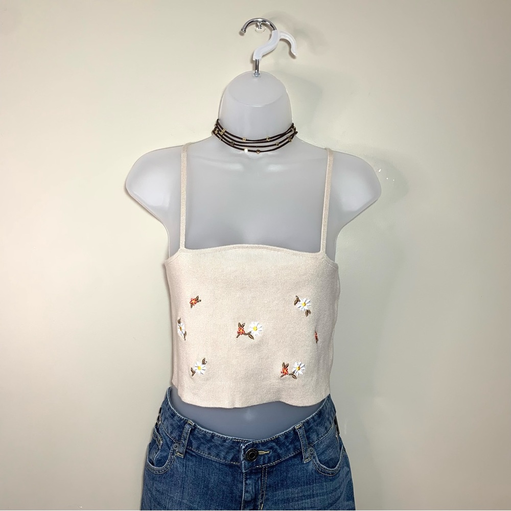 Forever 21 Embroidered Tube Top Tan Knit Spaghetti Straps Bandeau Boho Coquette
